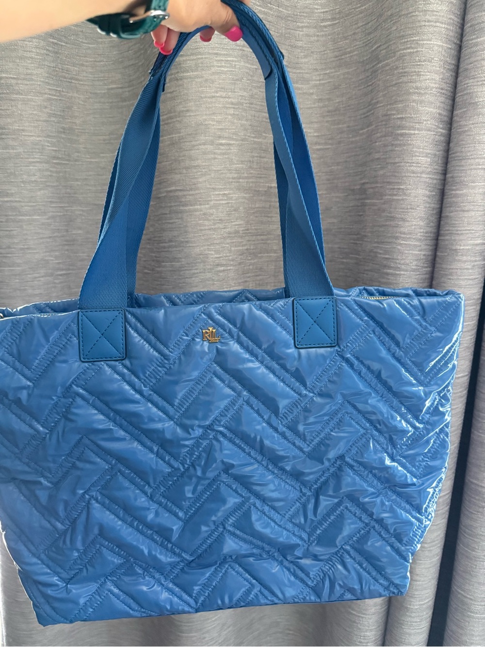 Ralph Lauren Quilted Blue Tote with Gold RL Accent